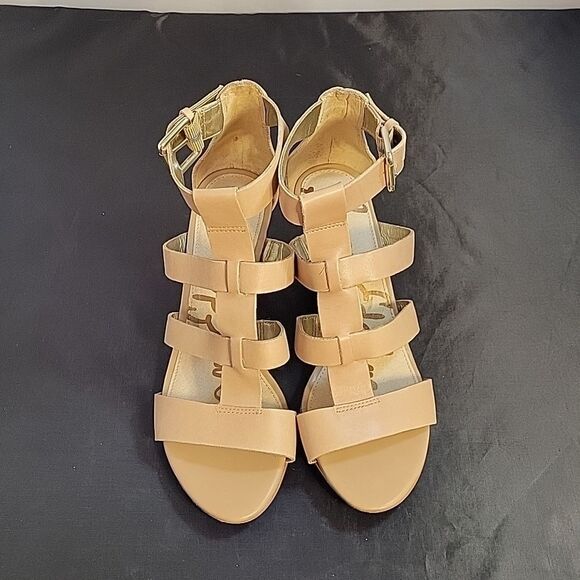 SAM EDELMAN LEATHER WOMEN"S SABRINA GLADIATOR LOW WEDGE LEATHER SANDAL - Picture 4 of 13